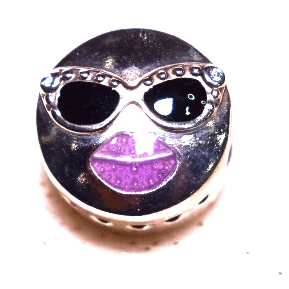 Pandora Emoticon Diva Charm Sterling Silver Jeweled Sunglasses & Sparkly Lips - Picture 1 of 5